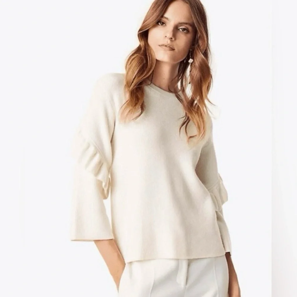 Tory Burch Ashley ruffle bell sleeve merino wool sweater M feminine flirty ivory